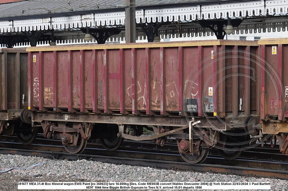 391677 MEA 31.4t Box Mineral wagon EWS Paint [ex 360623] tare 14-600kg [Des. Code ME003B convert Wabtec Doncaster 2004] @ York Station 2024-03-22 © Paul Bartlett w