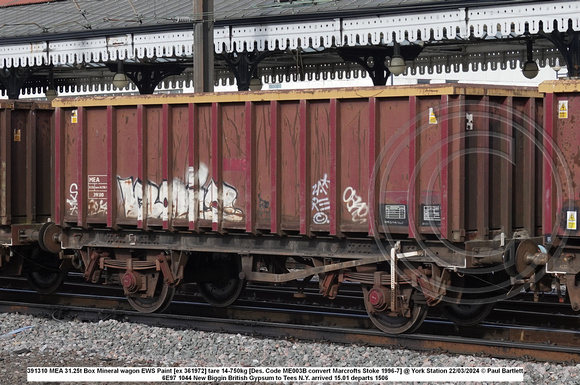 391310 MEA 31.25t Box Mineral wagon EWS Paint [ex 361972] tare 14-750kg [Des. Code ME003B convert Marcrofts Stoke 1996-7] @ York Station 2024-03-22 © Paul Bartlett w