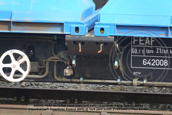 642008 FEAF 60.7t Rail head treatment train – Container frame Tare 21.260kg [reported built Greenbrier Poland 2005] @ York yard south 2020-03-21 © Paul Bartlett [6w]