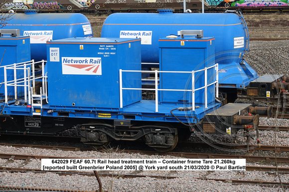642029 FEAF 60.7t Rail head treatment train – Container frame Tare 21.260kg [reported built Greenbrier Poland 2005] @ York yard south 2020-03-21 © Paul Bartlett [2w]
