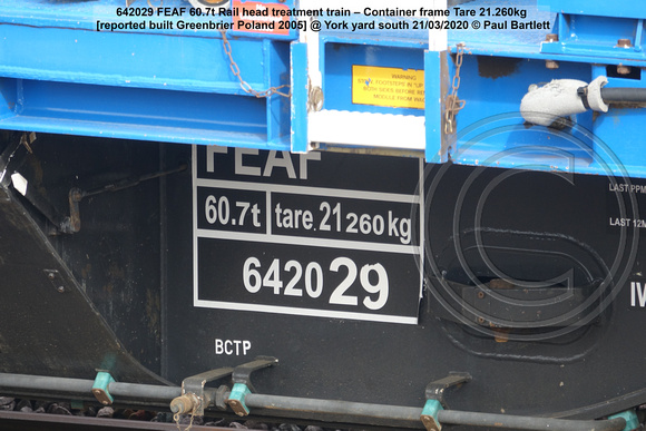 642029 FEAF 60.7t Rail head treatment train – Container frame Tare 21.260kg [reported built Greenbrier Poland 2005] @ York yard south 2020-03-21 © Paul Bartlett [4w]