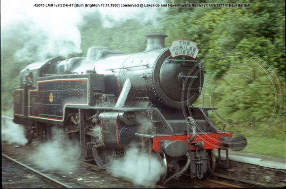 42073 LMR Ivatt 2-6-4T [Built Brighton 17.11.1950] conserved @ Lakeside and Haverthwaite Railway 77-09-07 © Paul Bartlett [1w]
