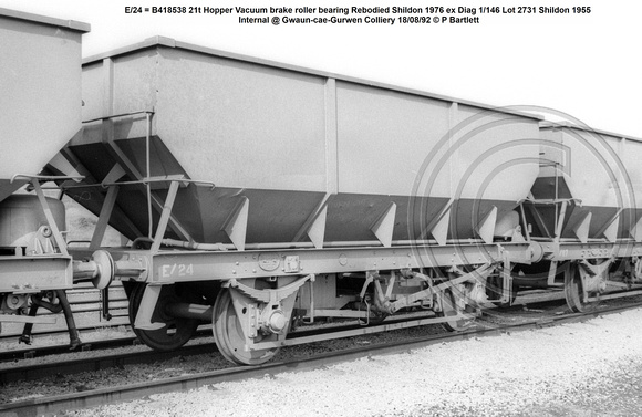 E-24 = B418538 21t Hopper Vacuum brake roller bearing Rebodied Shildon 1976 ex Diag 1-146 Lot 2731 Shildon 1955 Internal @ Gwaun-cae-Gurwen Colliery 78-05-31 © P Bartlett w
