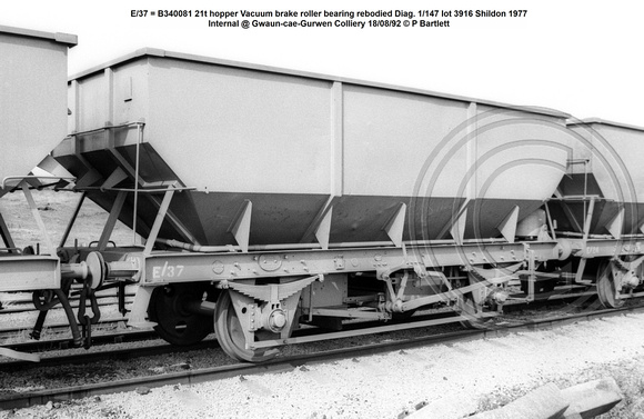 E-37 = B340081 21t hopper Vacuum brake roller bearing rebodied Diag. 1-147 lot 3916 Shildon 1977  Internal @ Gwaun-cae-Gurwen Colliery 92-08-18 © P Bartlett w