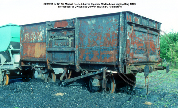 OE71261 ex BR 16t Mineral rivetted, barred top door Morton brake rigging Diag 1-109 Internal @ Gwaun-cae-Gurwen Colliery 92-08-18 © Paul Bartlett w