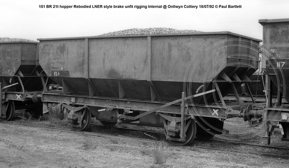 151 BR 21t hopper Rebodied LNER style brake unfit rigging Internal @ Onllwyn Colliery 92-07-18 © Paul Bartlett w