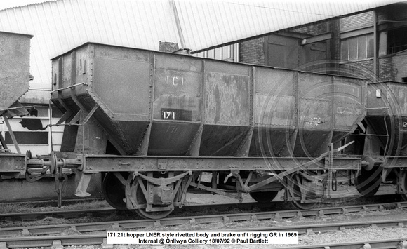 171 21t hopper LNER style rivetted body and brake unfit rigging GR in 1969 Internal @ Onllwyn Colliery 92-07-18 © Paul Bartlett w