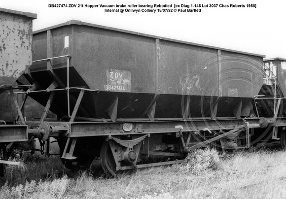DB427474 ZDV 21t Hopper Vacuum brake roller bearing Rebodied  [ex Diag 1-146 Lot 3037 Chas Roberts 1958] Internal @ Onllwyn Colliery 92-07-18 © Paul Bartlett w