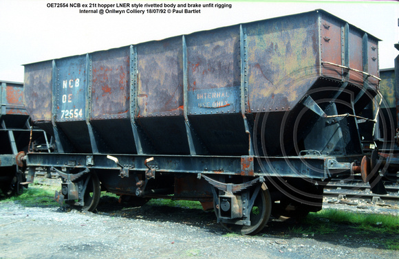 OE72554 NCB ex 21t hopper LNER style rivetted body and brake unfit rigging Internal @ Onllwyn Colliery 92-07-18 © Paul Bartlett w