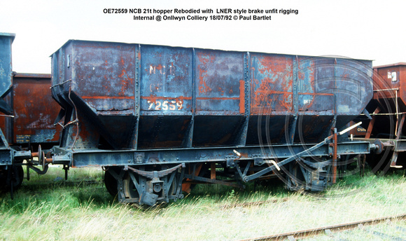 OE72559 NCB 21t hopper Rebodied with  LNER style brake unfit rigging Onllwyn Colliery 92-07-18 © Paul Bartlett w