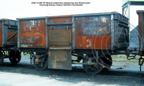 07001 ex BR 16T Mineral welded door, blanked top door Morton brake internal @ Onllwyn Colliery 92-07-18 © Paul Bartlett w