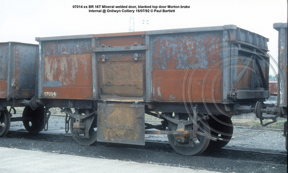 07014 ex BR 16T Mineral welded door, blanked top door Morton brake internal @ Onllwyn Colliery 92-07-18 © Paul Bartlett w
