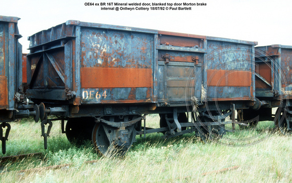 OE64 ex BR 16T Mineral welded door, blanked top door Morton brake internal @ Onllwyn Colliery 92-07-18 © Paul Bartlett w