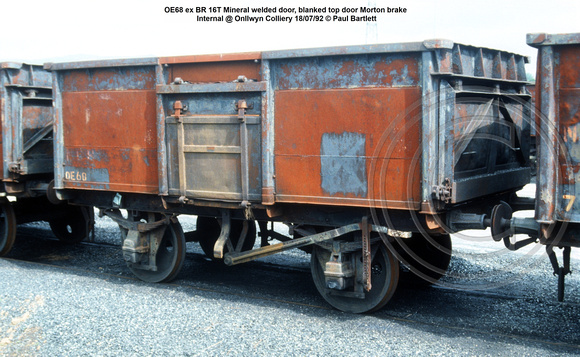 OE68 ex BR 16T Mineral welded door, blanked top door Morton brake internal @ Onllwyn Colliery 92-07-18 © Paul Bartlett w