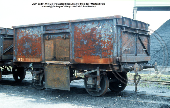 OE71 ex BR 16T Mineral welded door, blanked top door Morton brake internal @ Onllwyn Colliery 92-07-18 © Paul Bartlett w
