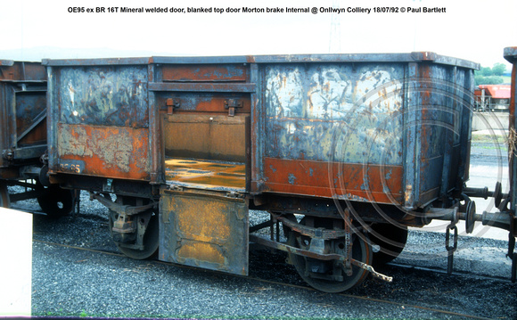 OE95 ex BR 16T Mineral welded door, blanked top door Morton brake internal @ Onllwyn Colliery 92-07-18 © Paul Bartlett w