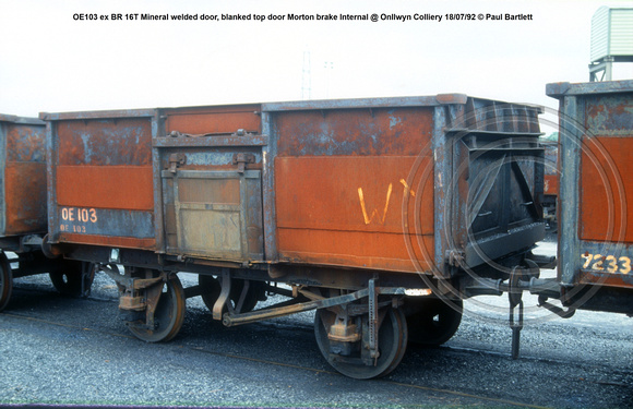 OE103  ex BR 16T Mineral welded door, blanked top door Morton brake internal @ Onllwyn Colliery 92-07-18 © Paul Bartlett w