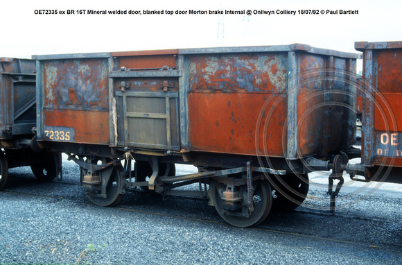 OE72335 ex BR 16T Mineral welded door, blanked top door Morton brake Internal @ Onllwyn Colliery 92-07-18 © Paul Bartlett w