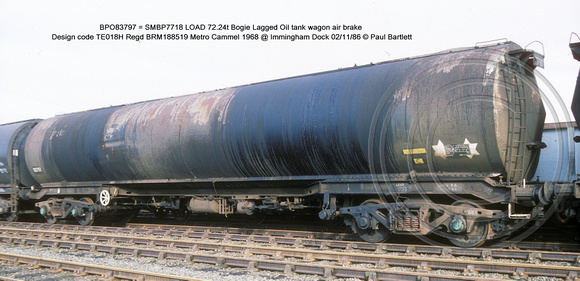 BPO83797 = SMBP7718 Bogie Lagged Oil tank wagon AB Design code TE018H @ Immingham Dock 86-11-02 � Paul Bartlett w