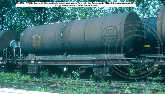 TRL55521 TTA ICI Dyestuffs Division Cyclohexane tank wagon Tare 16-310kg Design code TT084A Standard Wagon 5.1978 OOU @ Ely Papworth 89-06-24 © Paul Bartlett [2w]