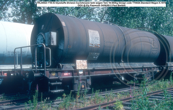 TRL55523 TTA ICI Dyestuffs Division Cyclohexane tank wagon Tare 16-660kg Design code TT084A Standard Wagon 5.1978 OOU @ Ely Papworth 89-06-24 © Paul Bartlett w