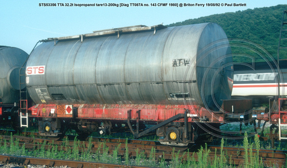 STS53356 TTA 32.2t Isopropanol tare13-200kg [Diag TT087A no. 143 CFMF 1980] @ Briton Ferry 92-08-19 © Paul Bartlett w