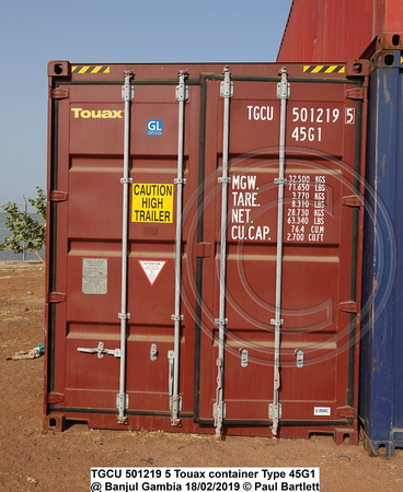 TGCU 501219 5 Touax container Type 45G1 @ Banjul Gambia 2019-02-18 © Paul Bartlett