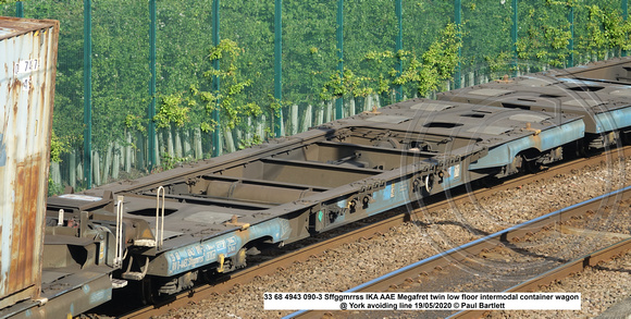 33 68 4943 090-3 Sffggmrrss IKA AAE Megafret twin low floor intermodal container wagon @ York avoiding line 2020-05-19 © Paul Bartlett [1w]