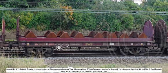 964042 BYA 72.6t built Thrall c1999 converted to Steg open coil carrier Tare 29.400kg Diag BY006F convert Marcrofts Stoke @ York Holgate Junction 2024-10-11 © Paul Bartlett w