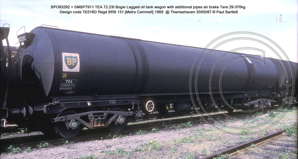 BPO83292 = SMBP7911 TEA Bogie Lagged oil tank wagon additional pipes AB Design code TE018D @ Thamsehaven 87-05-30 � Paul Bartlett w