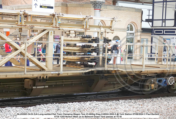 NLU93603 45.5t ZJA Long-welded Rail Train Clamping Wagon Tare 32-660kg Diag ZJ002A 2002-5 @ York Station 2024-08-07 © Paul Bartlett [5w]