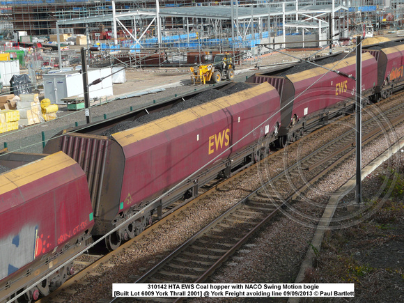 310142 HTA EWS Coal hopper with NACO Swing Motion bogie [Built Lot 6009 York Thrall 2001] @ York Freight avoiding line 2013-09-09 © Paul Bartlett [2w]