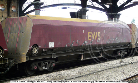310305 HTA EWS Coal hopper with NACO Swing Motion bogie [Built Lot 6009 York Thrall 2001] @ York Station 2013-09-04 © Paul Bartlett w