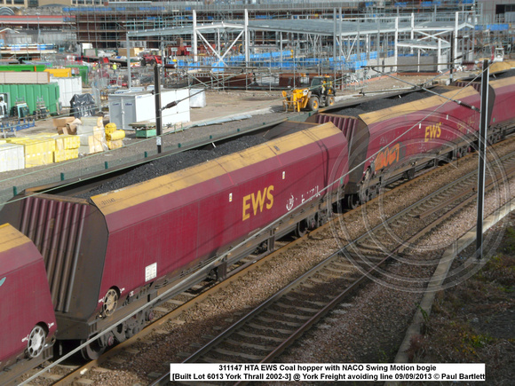 311147  HTA EWS Coal hopper with NACO Swing Motion bogie [Built Lot 6013 York Thrall 2002 -3] @ York Freight avoiding line 2013-09-09 © Paul Bartlett w