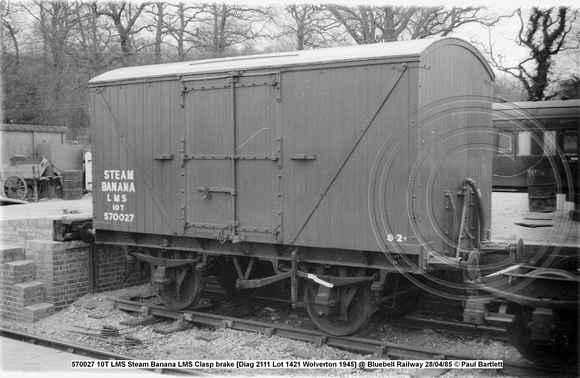 570027 10T LMS Steam Banana LMS Clasp brake [Diag 2111 Lot 1421 Wolverton 1945] @ Bluebell Railway 85-04-28 © Paul Bartlett w