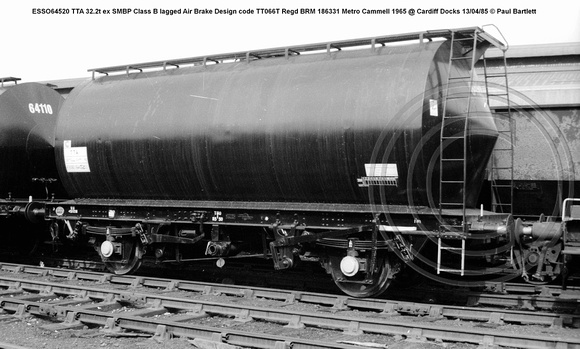 ESSO64520 TTA 32.2t ex SMBP Class B lagged Air Brake Design code TT066T Regd BRM 186331 Metro Cammell 1965 @ Cardiff Docks 85-04-13 © Paul Bartlett w