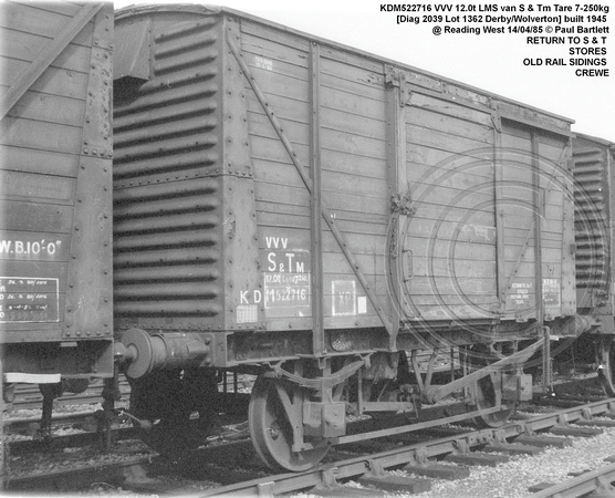 KDM522716 VVV 12.0t LMS van S & Tm Tare 7-250kg[Diag 2039 Lot 1362 Derby-Wolverton] built 1945 @ Reading West 85-04-14 © Paul Bartlett w