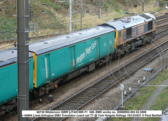 66730 Whitemoor GBRf [JT42CWR-T1  GM -EMD works no. 20068902-003 02.2008 + 64664 Liwet @ York Holgate Sidings 2021-12-15 © Paul Bartlett w