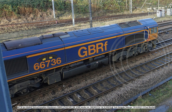 66736 [ex 66404] Wolverhampton Wanderers GBRf [JT42CWR GM -EMD works no. 20038515-4 14.10.2003] @ York Holgate Sidings 2021-12-15 © Paul Bartlett [0w]