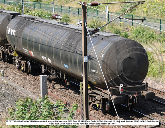 35 70 7790 000-3 Zaefns VTG Bitumen tank wagon UN haz code 3257 Tare 27.840t [Des. Code ICE949 Marcroft 10.20] @ York Avoider 2024-07-29 © Paul Bartlett [2w]