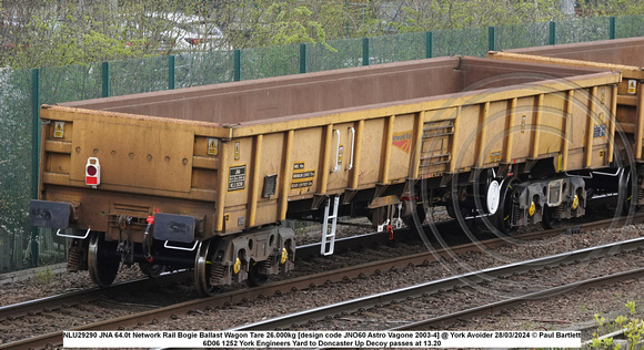 NLU29290 JNA 64.0t Network Rail Bogie Ballast Wagon Tare 26.000kg [design code JNO60 Astro Vagone 2003-4] @ York Avoider 2024-03-28 © Paul Bartlett [1w]