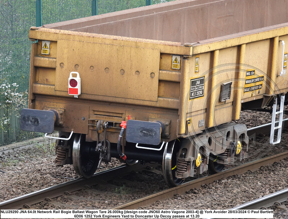 NLU29290 JNA 64.0t Network Rail Bogie Ballast Wagon Tare 26.000kg [design code JNO60 Astro Vagone 2003-4] @ York Avoider 2024-03-28 © Paul Bartlett [2w]