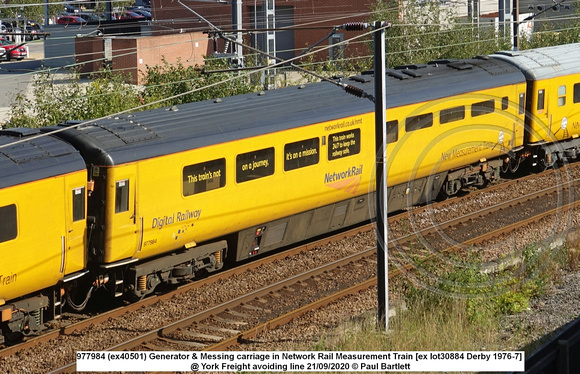 977984 (ex40501) Generator & Messing carriage in Network Rail Measurement Train [ex lot30884 Derby 1976-7] @ York Freight avoiding line 2020-09-21 © Paul Bartlett [1w]