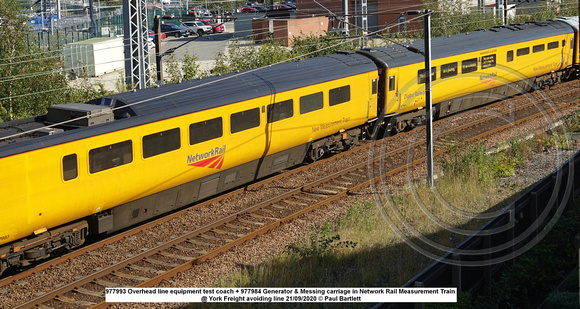 977993 Overhead line equipment test coach + 977984 Generator & Messing carriage in Network Rail Measurement Train @ York avoid line 2020-09-21 © Paul Bartlett w