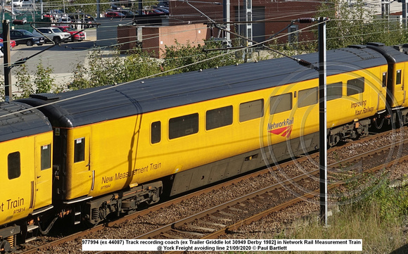 977994 (ex 44087) Track recording coach (ex Trailer Griddle lot 30949 Derby 1982] in Network Rail Measurement Train @ York Freight avoiding line 2020-09-21 © Paul Bartlett [3w]