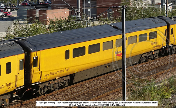 977994 (ex 44087) Track recording coach (ex Trailer Griddle lot 30949 Derby 1982] in Network Rail Measurement Train @ York Freight avoiding line 2020-09-21 © Paul Bartlett [4w]