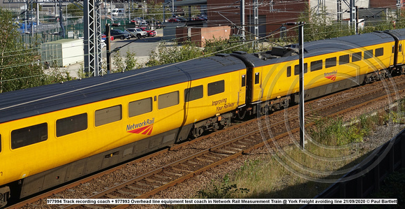 977994 Track recording coach + 977993 Overhead line equipment test coach in Network Rail Measurement Train @ York avoid line 2020-09-21 © Paul Bartlett [2w]