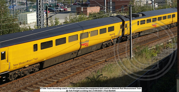 977994 Track recording coach + 977993 Overhead line equipment test coach in Network Rail Measurement Train @ York avoid line 2020-09-21 © Paul Bartlett w