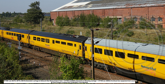 977995 Generator carriage in Network Rail Measurement Train + 977984 (ex40501) Generator & Messing carriage  + 977993 @ York avoidline 2020-09-21 © Paul Bartlett [1w]