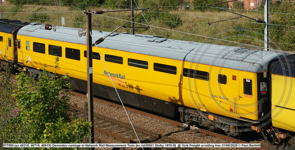 977995 (ex 40319, 40719, 40619) Generator carriage in Network Rail Measurement Train [ex lot30921 Derby 1978-9] @ York Freight avoiding line 2020-09-21 © Paul Bartlett [1w]